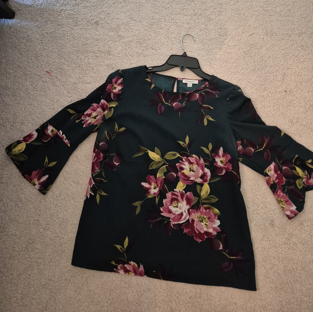 Carolina Belle Dark Green And Burgundy Floral Bell Sleeve Blouse